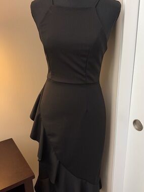 emory park Black Midi Sheath Dress with Ruffle Detail